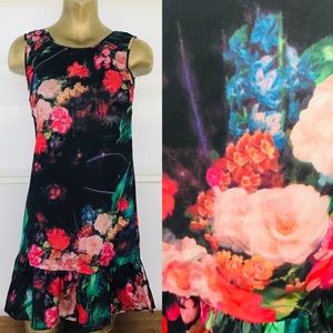 PAINTERLY Watercolor FLORAL Print Matte Satin Shift DRESS Small